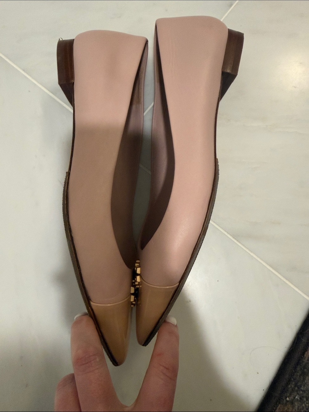 Tory Burch Blush Pink Pointed Toe Ballet Flats with Tan Patent Cap - Picture 5 of 7